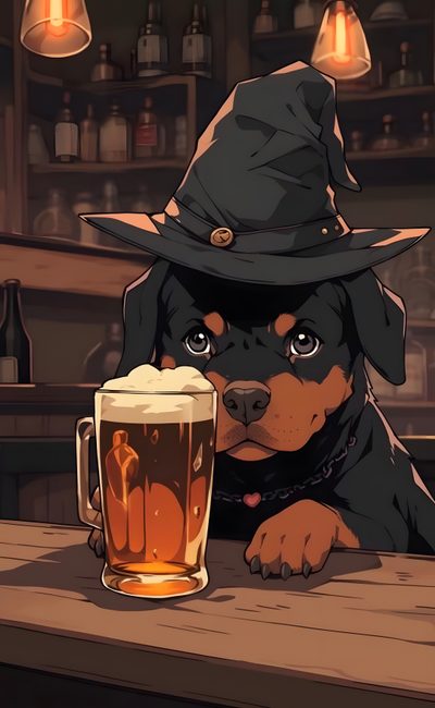 a dog wearing a witches hat sitting at a bar with a beer in front of it Halloween Rottweiler Cute Halloween Dog Cartoon, Anime Rottweiler, Dog Halloween Aesthetic, dark slate gray