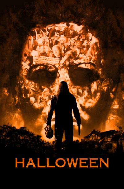 a movie poster for halloween with a man standing in front of a fire and skulls Halloween 2007 Michael Myers Art, Classic Horror Movies Monsters, Halloween Movie Poster, black
