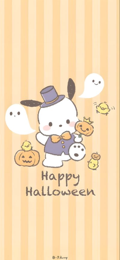 an image of a hello kitty halloween card Pochacco Halloween Sanrio Characters Halloween, Cute Halloween Sanrio, Pochacco Halloween Pfp, moccasin
