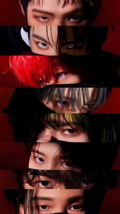 the faces of three people with different hair colors and makeup looks like they are looking at something Ateez Halloween Skz Eyes, Stray Kids Ate Pc, Kpop Ateez, Ateez Eyes, Ateez Halloween, K Pop Ateez, black