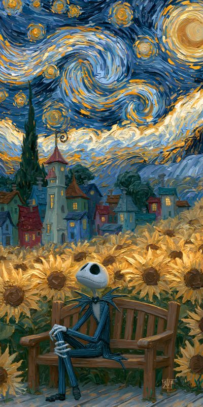 a painting of a person sitting on a bench in front of a sunflower field Halloween Van Gogh Skeleton Nightmare Before Christmas Laptop Backgrounds, Disney 4k, Iphone 14, dark olive green