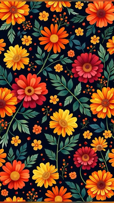 colorful flowers and leaves are on a black background with red, orange, yellow and green colors Halloween Flowers Day Of The Dead Flowers, La Catrina, Colorful Skulls, Halloween Wedding, dark olive green