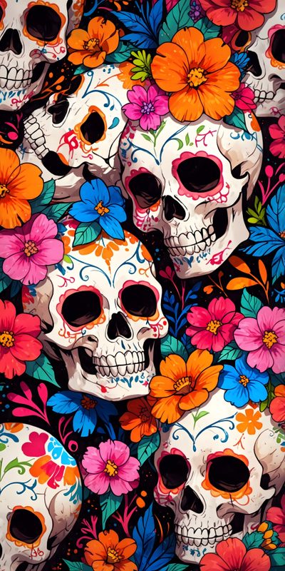 many colorful skulls with flowers on them Mexican Halloween Dia De Los Muertos Skull Background, Inspiration, Sugar Skull, Bright Skull, sienna
