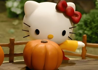 a hello kitty figurine sitting on top of a wooden fence next to pumpkins Cute Hello Kitty Halloween Gif October Kiss, Falling Gif, Hello Kitty Halloween, Halloween Gif, sienna