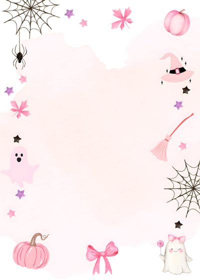 a pink background with various halloween decorations and spider webs on the bottom right corner Halloween Birthday Halloween Backgrounds Pink, Girly Halloween Border, Cute Halloween Birthday, lavender blush