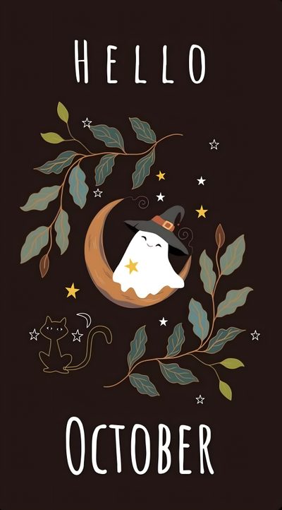 a black and white poster with the words hello october Halloween Hello October Ghost On Moon With October Text, Halloween Greeting Card Ideas, Halloween Spooky Decor, black