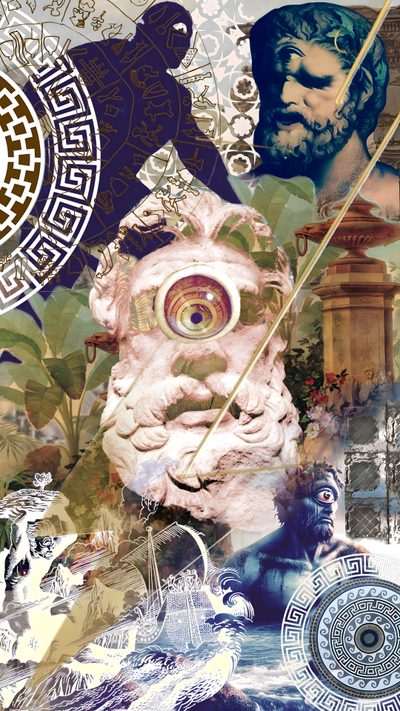 an artistic collage with many different things in the background, including a man's head Halloween Cyclops Cyclops Aesthetic, Cyclops Art Greek Mythology, Cyclops Mythology Art, gray