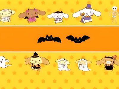 an image of halloween characters on a yellow background Cinnamoroll Halloween Gif Cinnamoroll Halloween Gif, Hello Kitty And Friends Halloween Gif, Sanrio Halloween Gif, gold