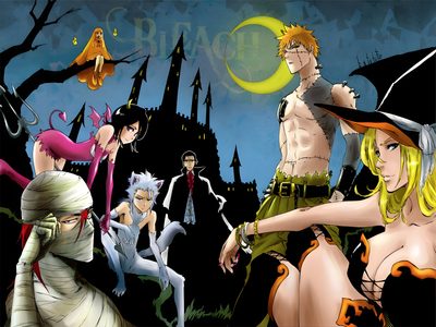 some anime characters are standing in front of a full moon and castle with bats flying overhead Bleach Halloween Ichigo Halloween, Bleach Halloween Pfp, Bleach Halloween Anime, dark slate gray