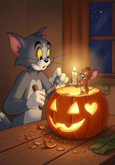 a cat that is sitting in front of a pumpkin with a lit candle on it Tom And Jerry Halloween Tom And Jerry Cartoon, Disney Toms, Hobbies To Try, Fall Halloween Decor, saddle brown