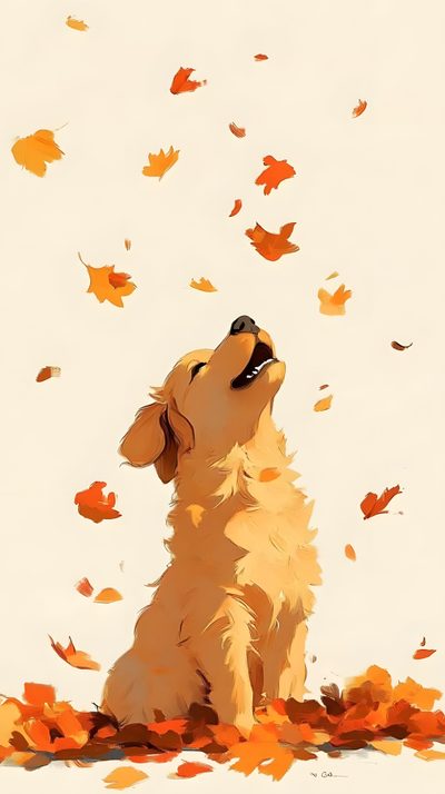 a painting of a dog sitting in the leaves looking up at it's sky Golden Retriever Halloween Golden Retriever Drawing, Golden Retriever, Cute Dog Drawing, antique white