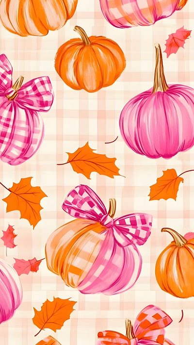 an image of pumpkins and leaves on a checkered tablecloth Pink And Orange Halloween Halloween Iphone, Cantik Iphone, Fall Background, Halloween, peach puff