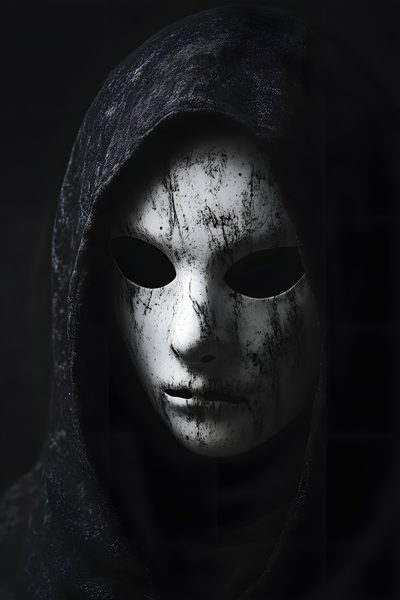 a person wearing a white mask with black eyes and a hooded hood on their head Halloween Mask Dark Magic User, Halloween Mask Ideas, Dark Mask On Face, Masked Spirit, black
