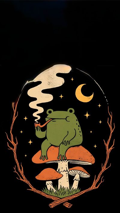 a frog sitting on top of a mushroom covered forest under a crescent moon and stars Frog Halloween Rana, Iphone Mushroom, Phone Backgrounds Retro, Frog Profile Picture, Frog Screensaver, black