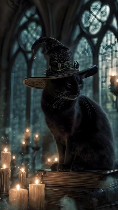 a black cat wearing a witches hat sitting on top of a book in front of candles Halloween Cat Gif Samhain, Cat Witch Gif, Black Cat Halloween, Black Cat Halloween Phone, dark slate gray