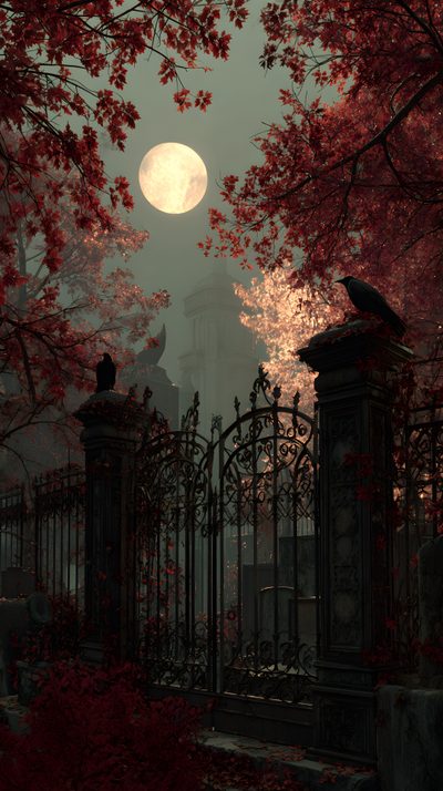 a full moon shines through the sky over a cemetery with red leaves on it Burgundy Halloween Gothic Thanksgiving, H2o Mermaids, Celtic Festival, Thanksgiving, Gothic Novel, black