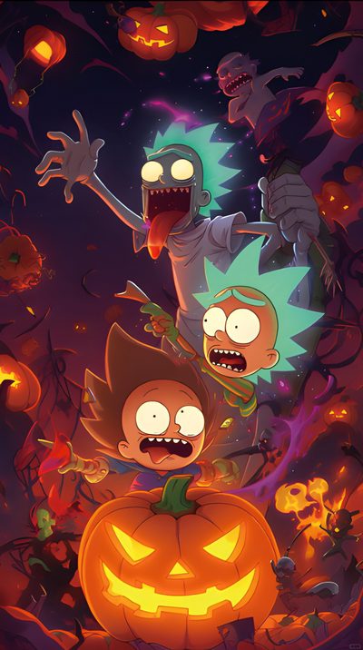 the cartoon characters are all dressed up in halloween costumes, with pumpkins and jack - o'- lanterns Rick And Morty Halloween Halloween Everyday, Halloween, saddle brown