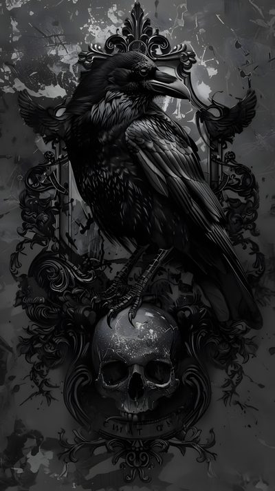 a black bird sitting on top of a skull in front of a wall with an ornate frame Halloween Crow Dark Custom Gothic Crow Iphone, Dark Gothic Art, Gothic Raven Iphone, Corvo, dark slate gray