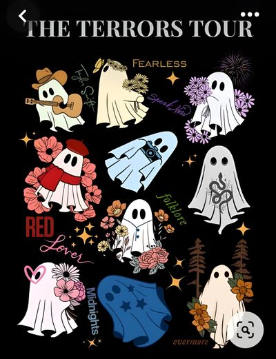 a poster with ghost stickers on it that says, the horrors tour fearless Halloween Taylor Swift Taylor Swift Halloween Coloring Page, Taylor Swift Eras Doodles, Taylor Swift Eras Tour Poster Drawing, black