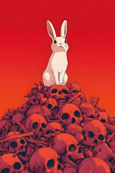 a rabbit sitting on top of a pile of skulls with red sky in the background Halloween Rabbit Bunny Skull, Demon Rabbits, Evil Bunny, Dark Aesthetic Animal Art, Scary Bunny, firebrick