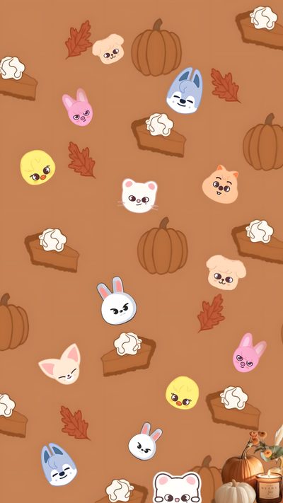 the wallpaper is decorated with cartoon animals and pumpkins Halloween Stray Kids Cute Lockscreens, Kpop Iphone, Thanksgiving, Thanksgiving Kids, Kids, Ipad, peru