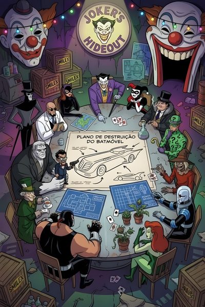 a group of people sitting around a table with clowns on it Dc Comics Halloween Ivy Joker, Batman And His Villains, Batman Villians, Joker, dark slate gray