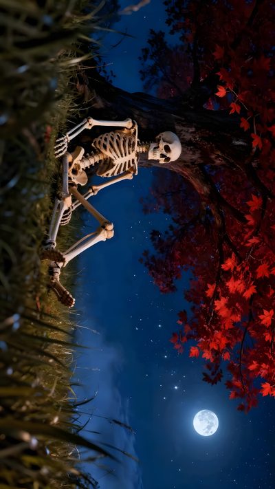 a skeleton sitting on top of a tree next to a full moon Halloween Live Pc Live Screen, Skeleton Art, Boy Photography Poses, Boy Photography, Screen, Pc, black