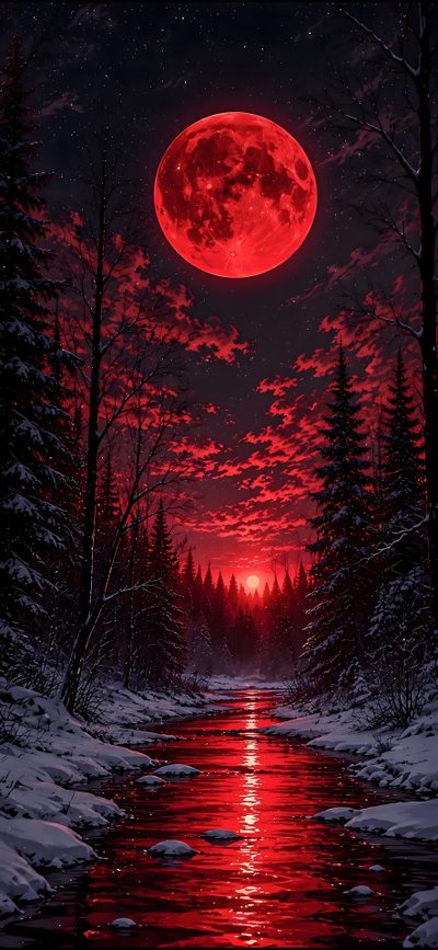 a red full moon is reflected in the water as it rises above snow covered trees Full Moon Halloween Cool Art, Uicideboy, Beautiful Dark Art, Red, Cool Backgrounds, Schöne Hintergründe, black
