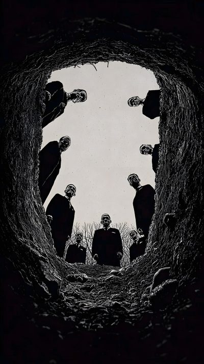 a group of people sitting in a cave Scary Creepy Halloween Art Dark Gothic Horror, Horror Vintage, Dessins Sympas, Gothic Horror, black