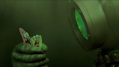 a cartoon character is looking at an object in the dark with green light coming from it Halloween Cyclops Cartoon Characters Undersea, Funny Cartoon Moments, Spongebob And Patrick In Underwater Scene, dark slate gray