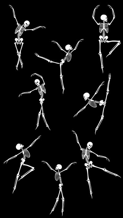 the skeleton dance sequence is shown in black and white, as well as four different poses Halloween Dance Halloween For Teams, Halloween Dance, Halloween Dance Aesthetic, Dancing Background, black