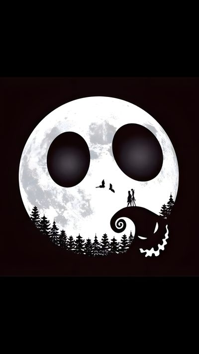 an image of a full moon with two people in the sky and trees on it Halloween Jack Skellington Halloween Iphone, The Nightmare Before Christmas, Halloween, black