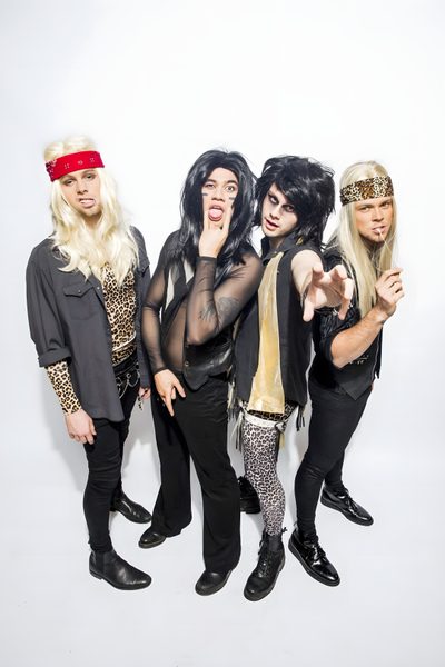 four people dressed in costumes posing for a photo 5sos Halloween 5sos Superhero, Michael Clifford Halloween, 5sos Dont Stop Costumes, gainsboro