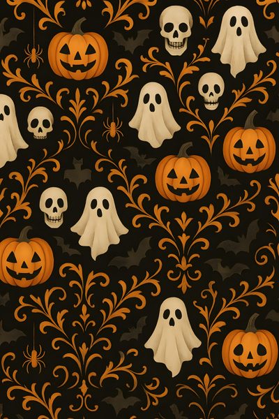 an image of halloween wallpaper with pumpkins and ghost heads on black background, Halloween For Home Office Samhain, Ipad Halloween, Spooky Ipad Background, Halloween Digital, black