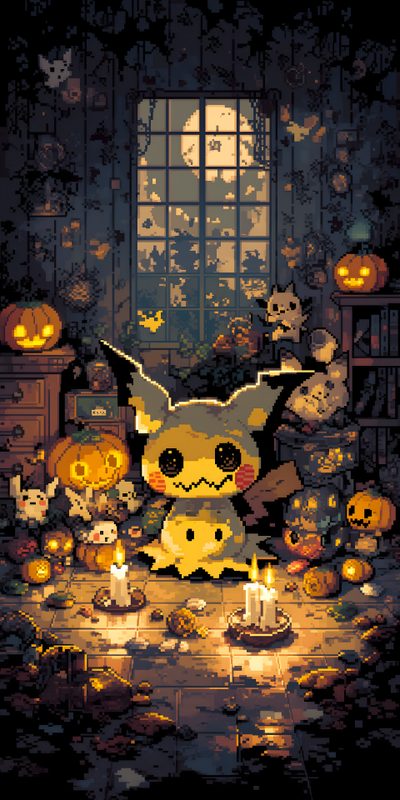 a cartoon pikachu surrounded by pumpkins and candles in front of a window Halloween Anime Ideas Mimikyu Poster, Mimikyu Pokemon Fanart, Mimikyu Pokemon Art, dark slate gray