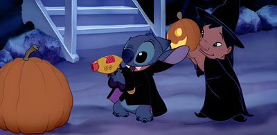 two cartoon characters dressed up as witches and one is holding a candy cornucon Halloween Stitch Gif Stitch Halloween Pfp, Lilo Halloween, Stitch Gif Pfp, dark slate blue