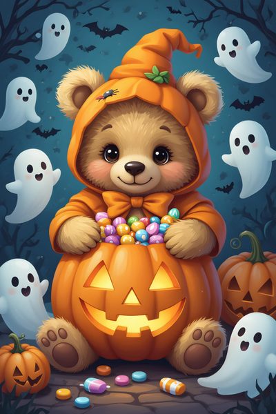 a teddy bear in a pumpkin costume surrounded by ghost and jack - o'- lanterns Teddy Bear Halloween Halloween Teddy Bear Art, Teddy Bear Halloween Background, Halloween Teddy Bear Pictures, dim gray