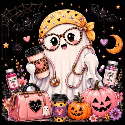 a painting of a white cat wearing glasses and holding a stethoscope next to pumpkins Halloween Nurse Ghost Images, Halloween Nurse, Cute Nurse, Diy Tote Bag, Diy Arts And Crafts, saddle brown