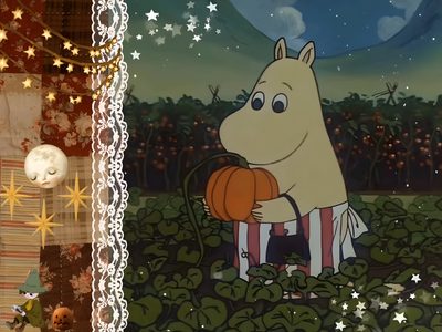 an animated image of a dog holding a pumpkin in front of the moon and stars Moomin Halloween Moomin Valley, Autumn Cozy, Goblincore Aesthetic, Autumn Actvities, dark olive green
