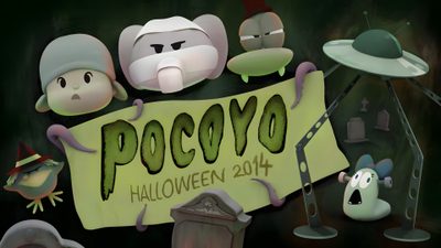 cartoon characters holding up a sign that reads pocoyo via daas bruxs 2014 Pocoyo Halloween Pocoyo Dia Das Bruxas 2014 Poster, Halloween Party Ideas For Kids, Pocoyo Halloween Special, dark slate gray