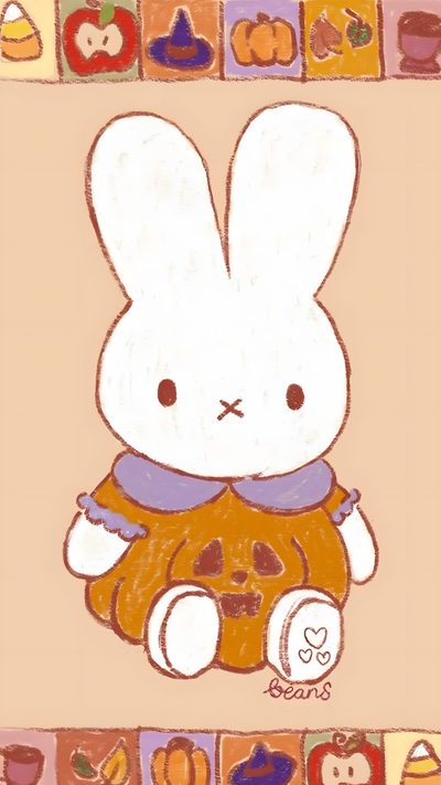 a drawing of a white rabbit holding a pumpkin in front of an orange and purple background Halloween Rabbit Miffy Pumpkin Carving, Halloween Draw, November Art, Autumn Stuff, wheat