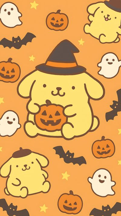 an orange halloween background with ghost, dog and pumpkins Cute Yellow Halloween Pompompurin Autumn, Pompompurin Thanksgiving, Pompompurin Halloween Background, sandy brown