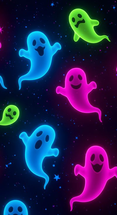 neon colored ghost wallpaper with stars in the sky and smiling faces on each side Glow In The Dark Halloween Neon Spooky, Spooky Neon Halloween, Glow In The Dark Halloween, black