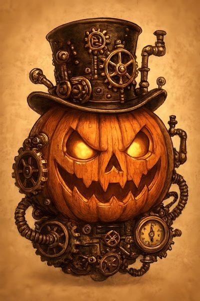 a steampunk pumpkin with a top hat on it's head and gears Halloween Steampunk Steampunk Pumpkin Carving, Steampunk Halloween Decor, Steampunk Pumpkin Ideas, sienna