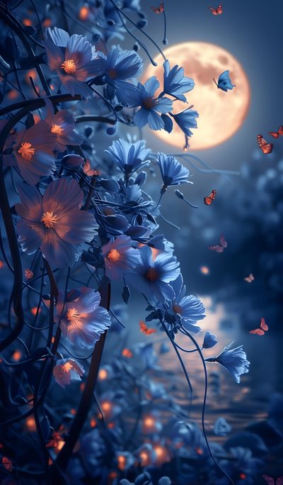 blue flowers and butterflies in front of a full moon with the sky lit by lights Moonlight Flowers Halloween Floral Moonlight Moths, Moonlight Moths Custom, Moon Moth Design, dark slate gray