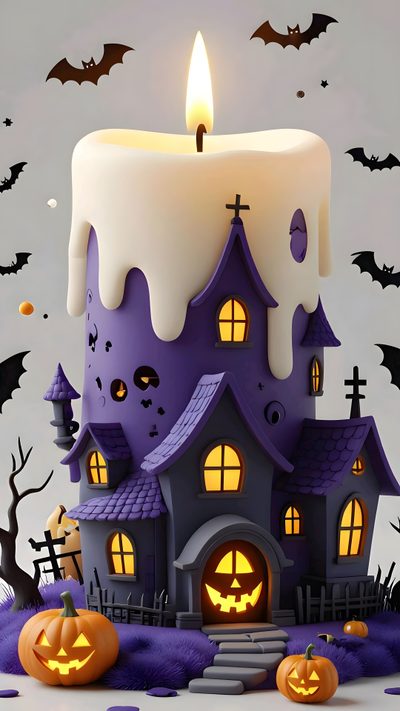 a candle that is sitting in front of a house with bats and pumpkins around it 3d Halloween Lectura De Tarot, Halloween, Bat, Candles, dark gray