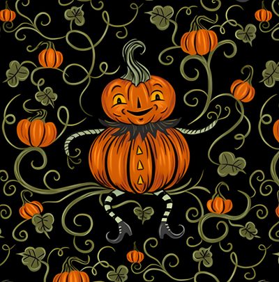 an orange pumpkin sitting on top of a black background with swirly vines and leaves Johanna Parker Halloween Johanna Parker Halloween, Whimsical Jack O Lanterns, Johanna Parker Halloween Dishes, black