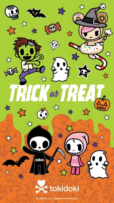 an advertisement for trick or treat with cartoon characters Tokidoki Halloween Tokidoki Sanrio, Tokidoki, Unicorno Tokidoki, Tokidoki Poster, yellow green