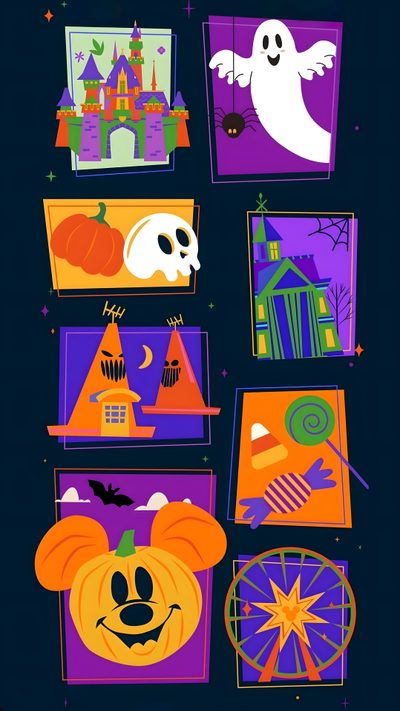an image of mickey mouse's halloween decorations on a black background with ghost and pumpkins Disneyland Halloween Aesthetic Disney Summerween, Halloween Disney Art, Disney Halloween Iphone, black