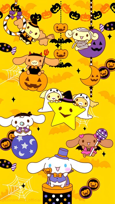 an image of some cartoon characters on a yellow background with pumpkins and stars in the sky Cinnamon Roll Halloween Cinnamon Roll Hello Kitty Halloween, Cinnamoroll Halloween Background, Sanrio Halloween Pictures Cinnamoroll Halloween, gold